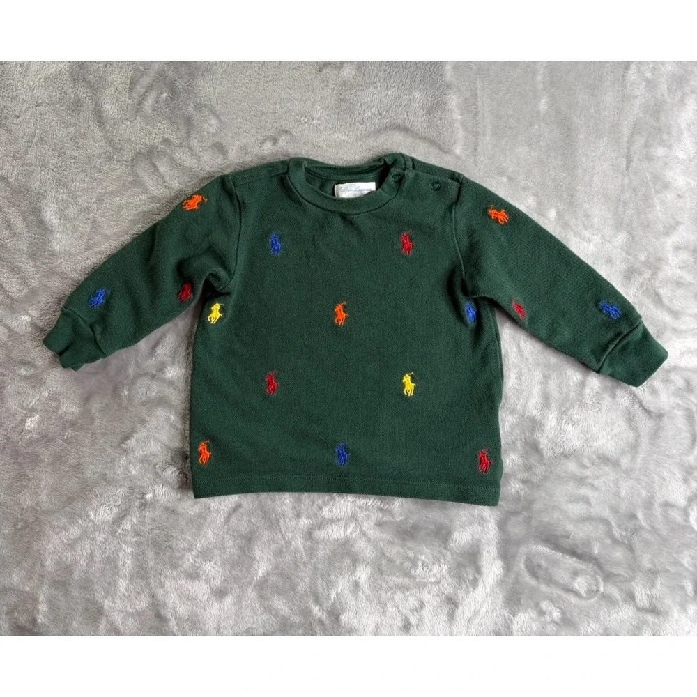 Ralph Lauren Polo Bear Multi-Pony Baby Sweatshirt 9M Green Cotton